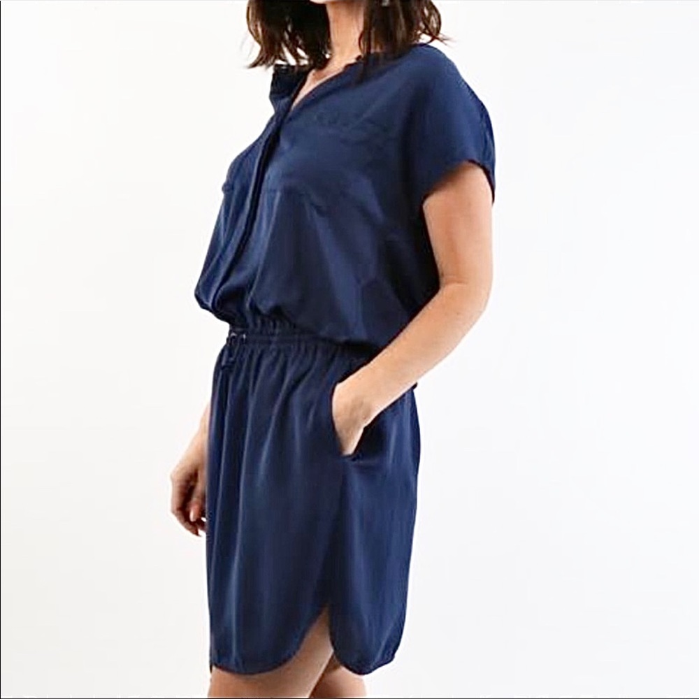 Vince Navy Short Sleeve Elastic-Waist Mini Dress